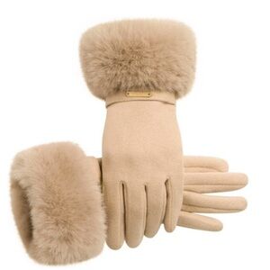 🌹🆕 Elegant Cashmere Tan Faux Fur-Trimmed Touchscreen Gloves Christmas Gift